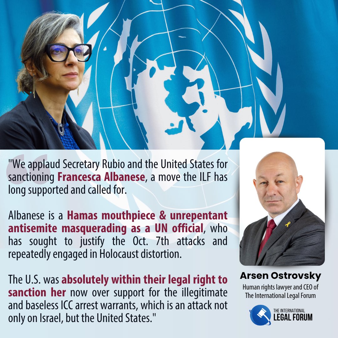 Francesca Albanese is a Hamas mouthpiece &amp; unrepentant antisemite masquerading as a UN official, who has sought to justify the Oct. 7th attacks and repeatedly engages in Holocaust distortion. Bravo U.S. and Sec Rubio for now sanctioning her!