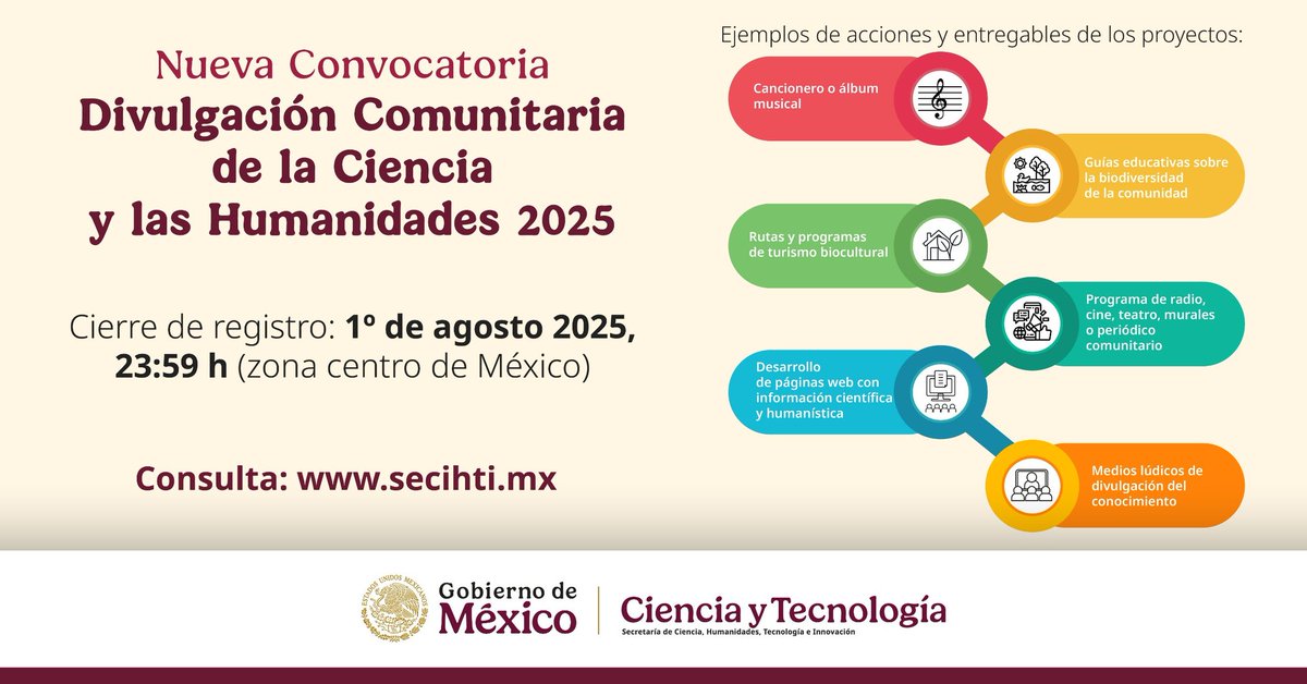 👉🏽#NuevaConvocariaSecihti
🔍Divulgación Comunitaria de la Ciencia y las Humanidades 2025
🗓️ Cierre de registro: 1 de agosto 2025 
🔗 Convocatoria: bit.ly/45YHqB5
➡️ TDR: bit.ly/40eclWh