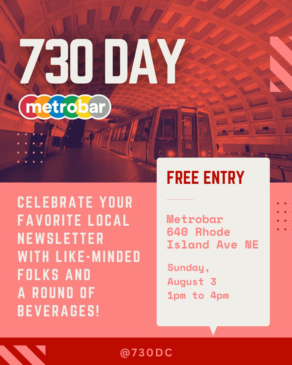 Join us in celebrating the anniversary of your newsletter’s favorite newsletter! We’ll be hanging at Metrobar on Sunday, August 3 from 1pm to 4 pm in honor of 730Day. Bring a pal or meet one there!

RSVP here: docs.google.com/forms/d/14vpIf…
