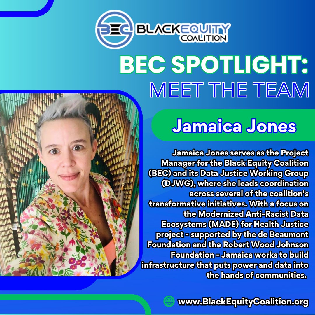 Black Equity Coalition (BEC) (@blackequitybec) on Twitter photo BEC Spotlight – Meet the Team: Jamaica Jones
Jamaica Jones serves as the Project Manager for the Black Equity Coalition (BEC) and its Data Justice Working Group (DJWG), where she leads coordination across several of the coalition’s transformative initiatives. With a focus on the BEC Spotlight – Meet the Team: Jamaica Jones
Jamaica Jones serves as the Project Manager for the Black Equity Coalition (BEC) and its Data Justice Working Group (DJWG), where she leads coordination across several of the coalition’s transformative initiatives. With a focus on the