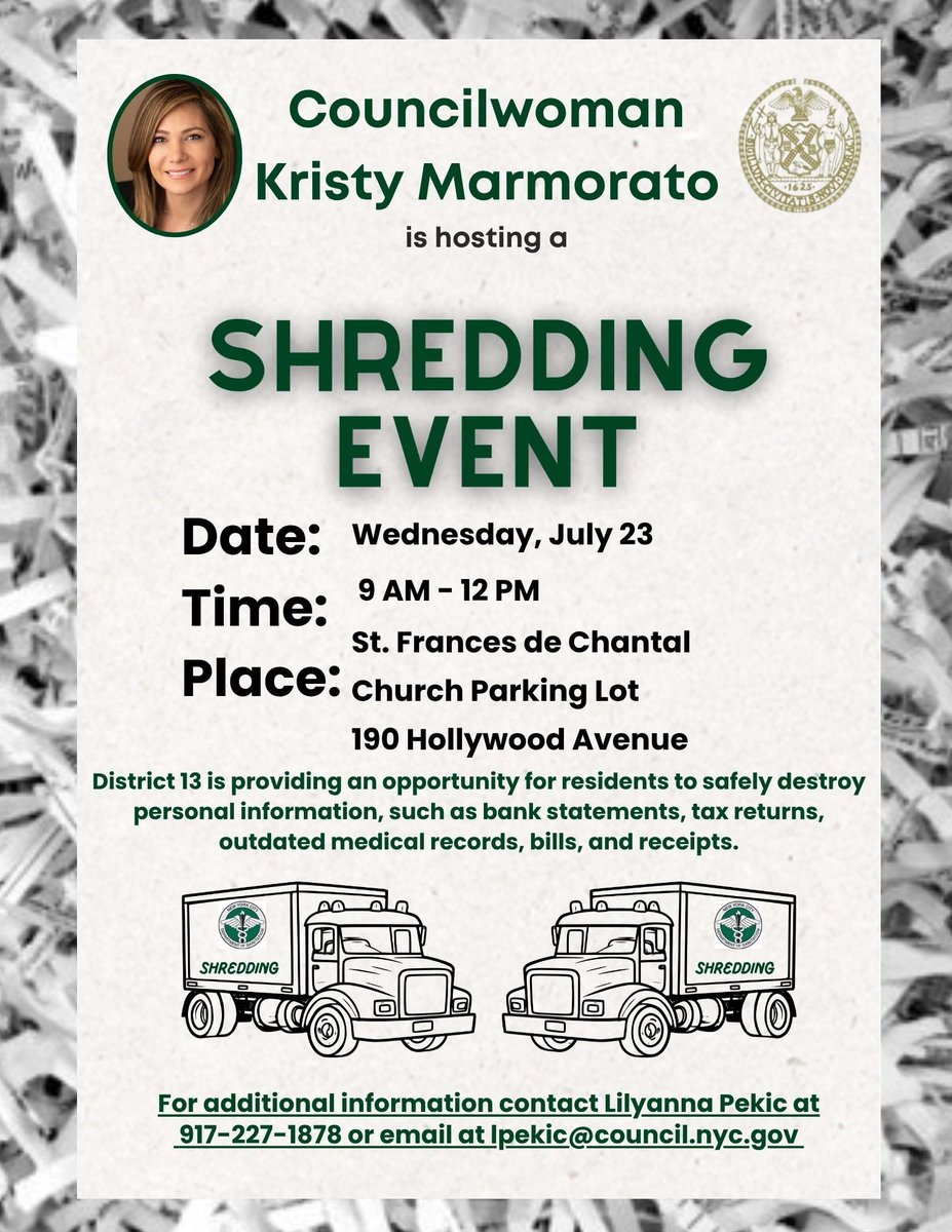KristyMarmorato's tweet image. ๐โจ Time to shred it up, District 13!
Join us for our Community Shredding Event โ safely dispose of old documents and protect your personal info. ๐๏ธ๐
๐ St. Frances de Chantal Church Parking Lot, 190 Hollywood Ave
๐
Wednesday, July 23rd
๐ 9 AM - 12 PM