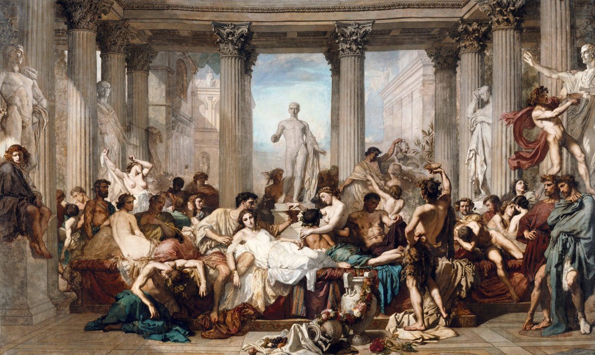 [Dernière décadence]
#CarnetDeCulture 

Quand Thomas Couture expose ses "Romains de le décadence" en 1847, le succès est total 💐

Aujourd'hui pourtant, ce tableau, méprisé, a complètement sombré dans l'oubli 😱. Pourquoi ?

Réponse en un thread ⤵️