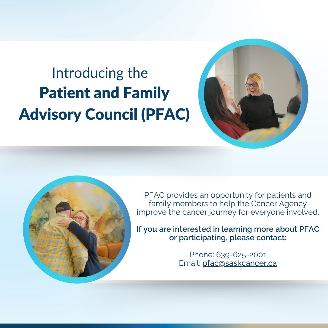 SaskCancer's tweet image. Learn how PFAC provides the opportunity for patient and family members to help improve cancer care: saskcancer.ca/PFAC

#SKCancerAgency #Support #Health