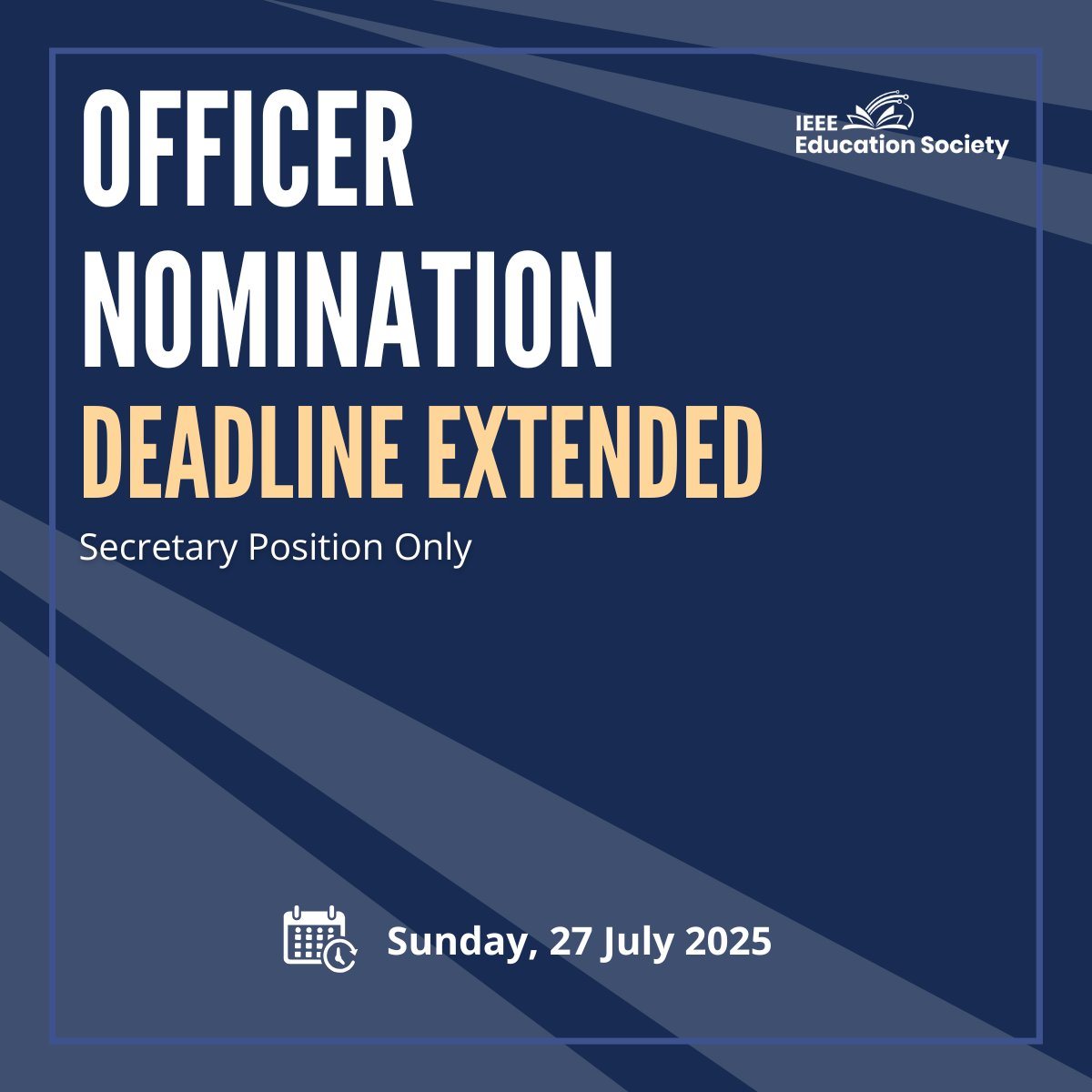 IEEE Education Society (@ieee_edusoc) on Twitter photo The @IEEEEdSoc has extended nominations for Secretary on the BoG!
π
New Deadline: 27 July 2025, 11:59 PM ET
π Two-year term (2026β2027)
π Nominate now: loom.ly/VO3URrs
Questions? admin@ieee-edusociety.org
Only the Secretary position is openβstep up and serve! The @IEEEEdSoc has extended nominations for Secretary on the BoG!
π
New Deadline: 27 July 2025, 11:59 PM ET
π Two-year term (2026β2027)
π Nominate now: loom.ly/VO3URrs
Questions? admin@ieee-edusociety.org
Only the Secretary position is openβstep up and serve!