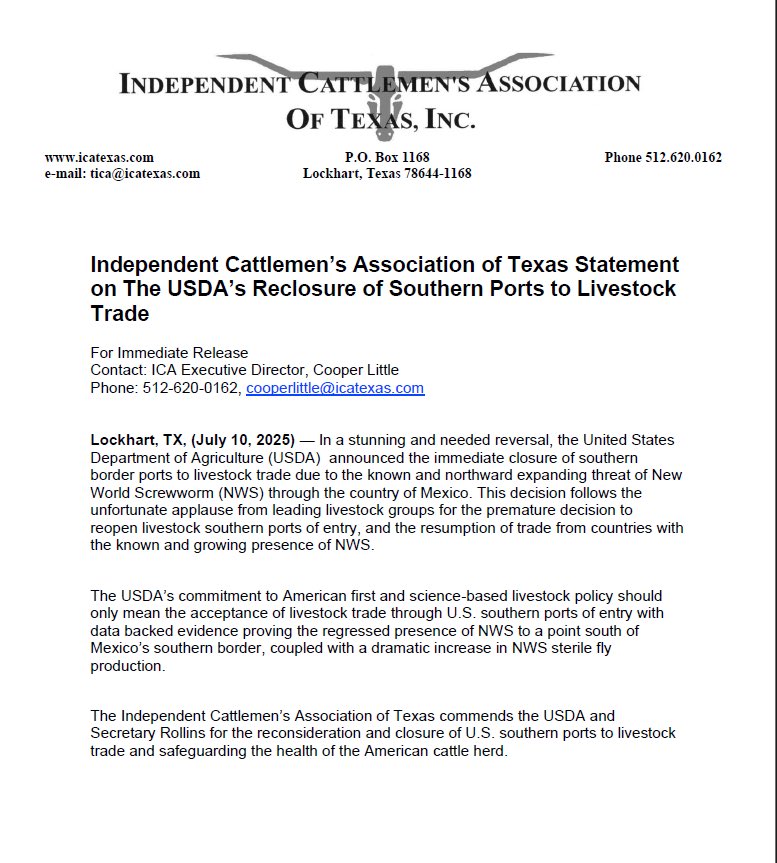 “In a stunning and needed reversal, the United States Department of Agriculture (USDA) announced the immediate closure of southern border ports…”

 icatexas.com/wp-content/upl…