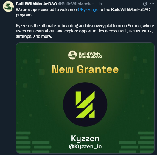 Kyzzen (@kyzzen_io) on Twitter photo Really stoked to share that we're the latest grantee under the <a href="/BuildWithMonkes/">BuildWithMonkeDAO</a> program by <a href="/MonkeDAO/">MonkeDAO๐</a> ๐
This partnership will help us significantly in continuing to build out the best onboarding & discovery platform on Solana, for YOU to explore the best opportunities.
Check us Really stoked to share that we're the latest grantee under the <a href="/BuildWithMonkes/">BuildWithMonkeDAO</a> program by <a href="/MonkeDAO/">MonkeDAO๐</a> ๐
This partnership will help us significantly in continuing to build out the best onboarding & discovery platform on Solana, for YOU to explore the best opportunities.
Check us