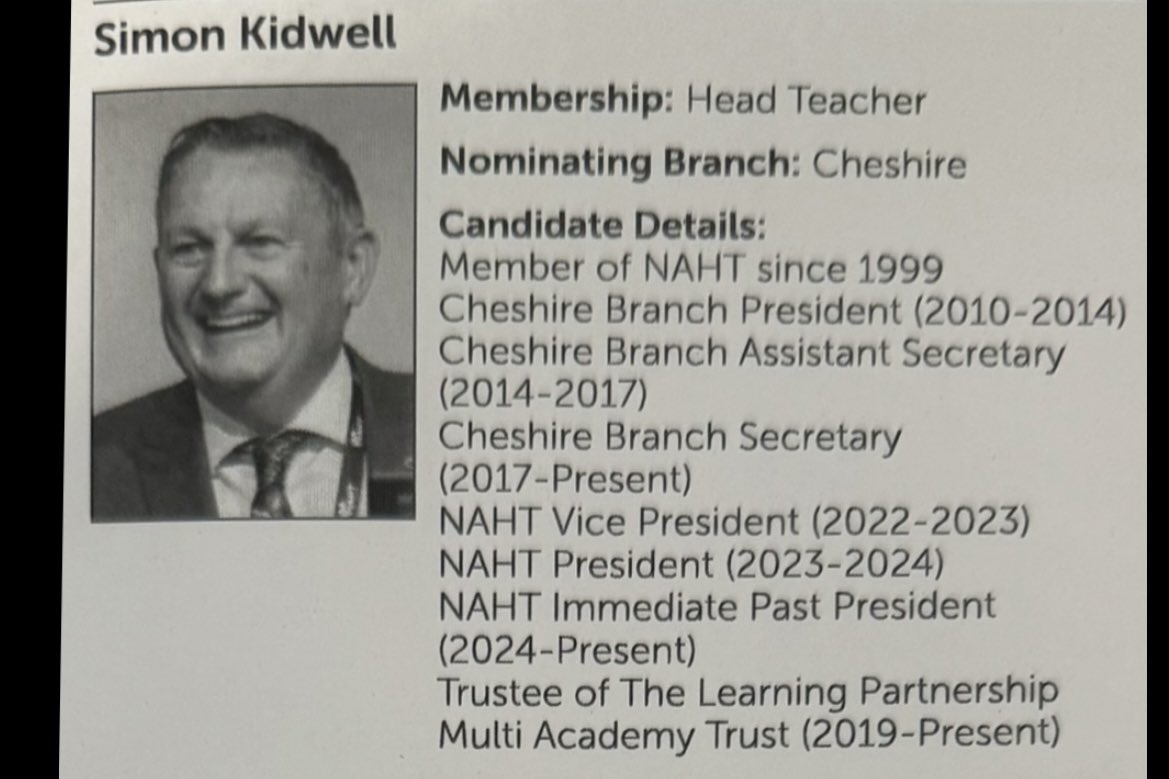 simonkidwell's tweet image. NAHT Ballot
After three brilliant years serving as part of the NAHT Presidential Team, my Executive term of office comes to an end this August.
If you’re a member in the North West, please consider voting for me in the latest round of postal elections for our National Executive.