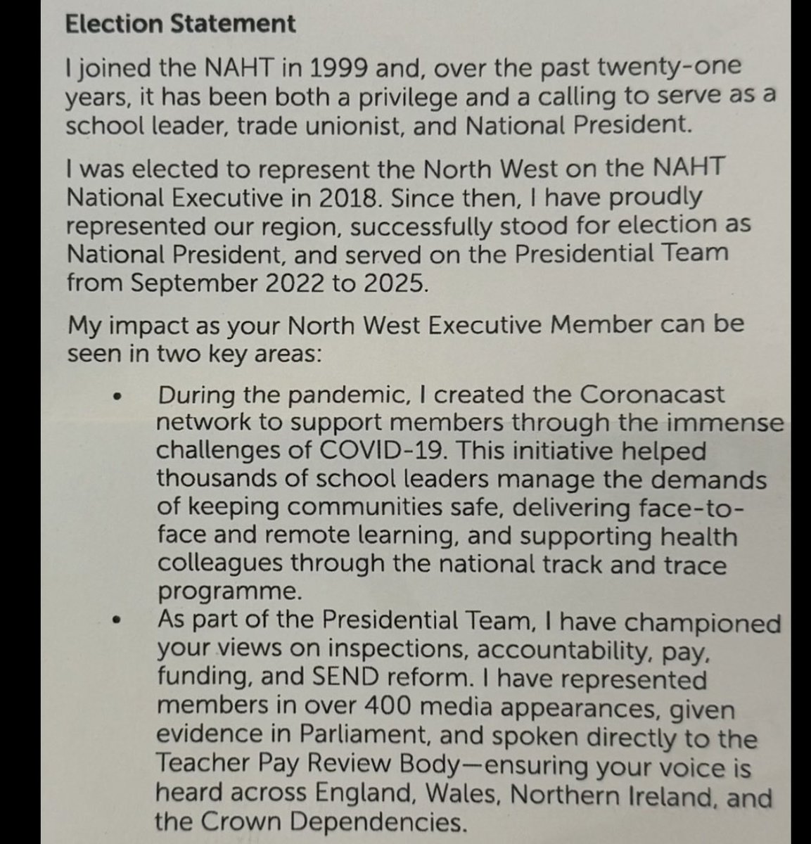 simonkidwell's tweet image. NAHT Ballot
After three brilliant years serving as part of the NAHT Presidential Team, my Executive term of office comes to an end this August.
If you’re a member in the North West, please consider voting for me in the latest round of postal elections for our National Executive.