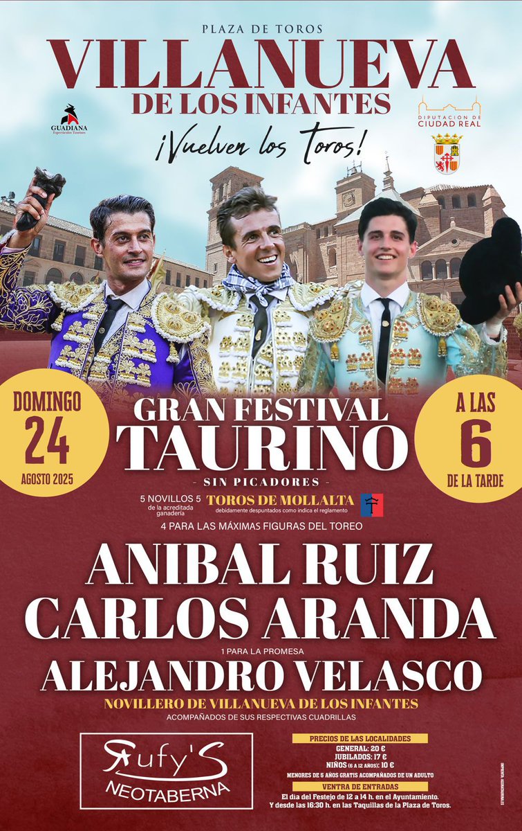 InfoAlexVelasco's tweet photo. Hoy os traemos una noticia importante y muy ilusionante. La vuelta de los toros a Villanueva de los infantes!!! Alejandro Velasco podrá cumplir el sueño de torear en su pueblo!!! Muchas ganas y motivación para el domingo 24 de Agosto 💪🏻💪🏻🍀🍀. Os esperamos a todos 😉😊 https://t.co/DhtXNFTEyF