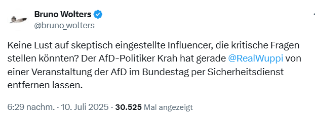 Krah hat Wuppi von seiner Veranstaltung im Bundestag entfernen lassen.
Ich glaube allmählich, die mögen einander nicht.🤣
