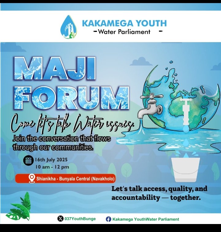 Join us at the Maji Forum on 16th July in Navakholo! 🌊 Let’s talk water access, quality, and accountability together. #MajiForum #YouthForWater 💧
<a href="/KEWASNET/">KEWASNET</a> <a href="/_KWAHO/">Kenya Water For Health Organization(KWAHO)</a> 
<a href="/Kacwasco/">Kakamega County Water & Sanitation Company</a>
<a href="/MmustWater98673/">MMUST WATER CHAPTER</a>