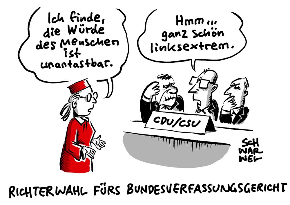 „Richterwahl für Bundesverfassungsgericht:
SPD-Kandidatin Frauke Brosius-Gersdorf: Zu links für Karlsruhe?“
#Verfassungsgericht #karlsruhe #links #schwarwel
