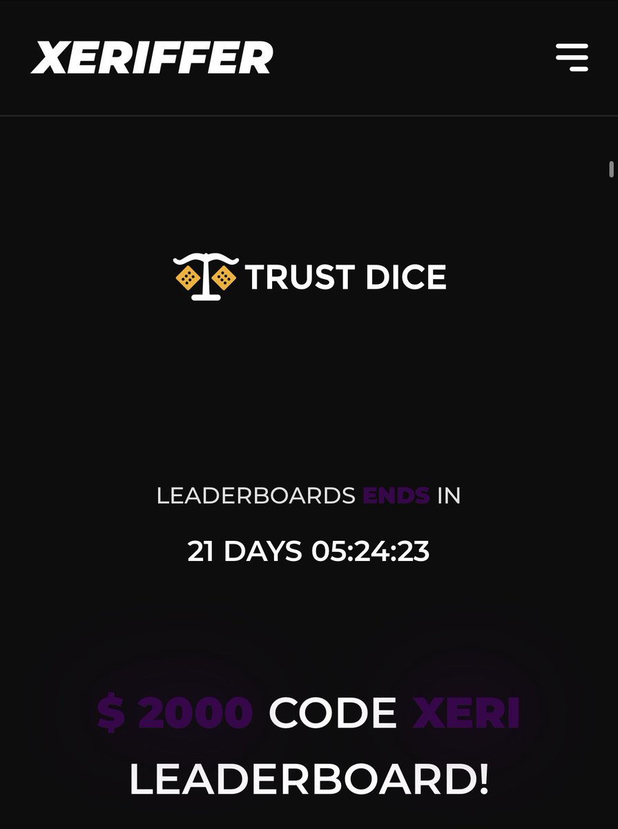 🎁 $50 GIVEAWAY 🎁

✅ Like &amp; RT + Tag a Friend

🏆 $3,000 Leaderboards 
💜 $1,000 Leaderboard on <a href="/shufflecom/">Shuffle.com</a> (2 days left)
💚 $2,000 Leaderboard on @Trust_Dice (20 days left)
🔗 Join Now: xeriffer.com

Code: xeri on all sites
