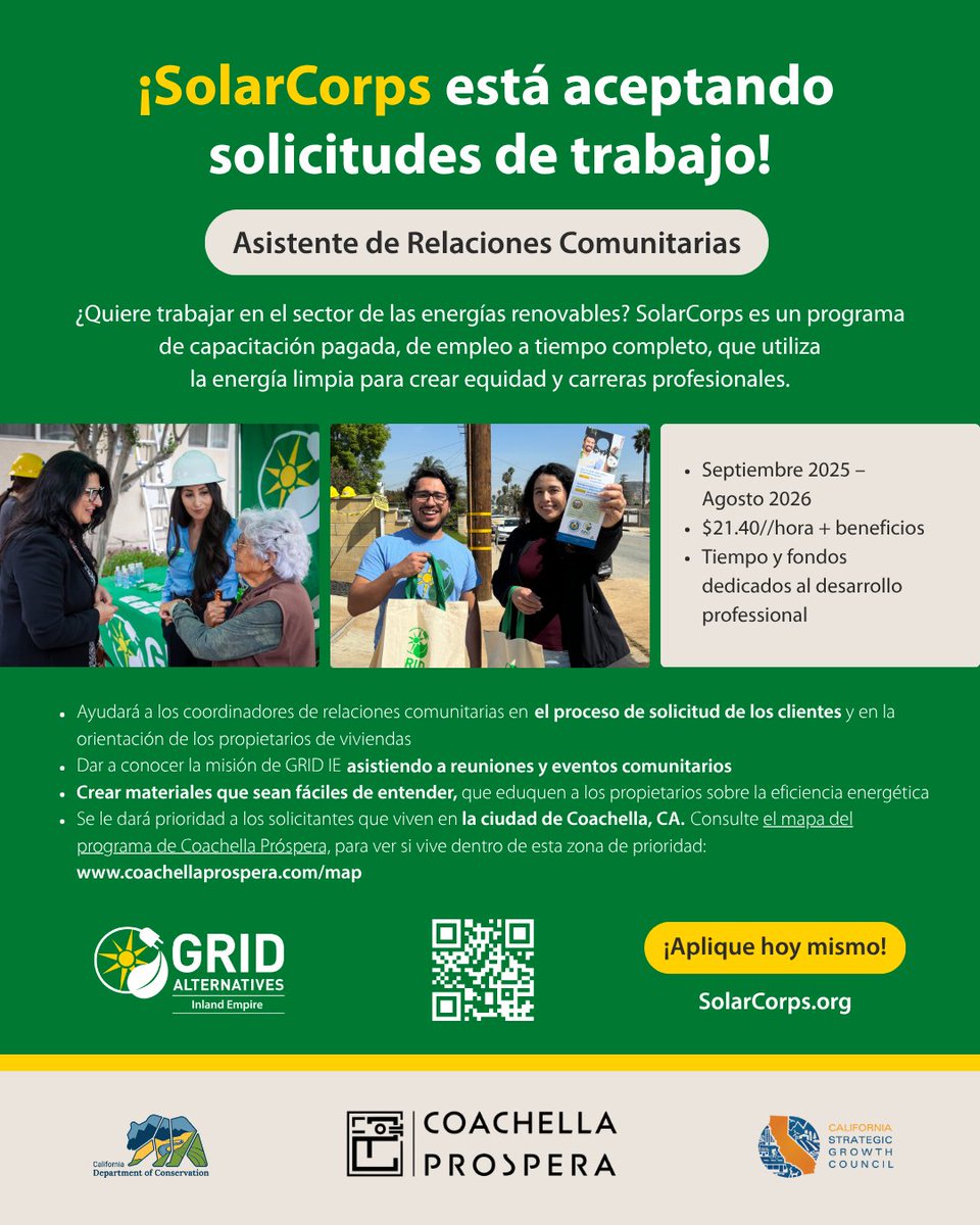 ☀️ SolarCorps is hiring! Apply at SolarCorps.org. Priority is given to applicants in the City of Coachella.
 
☀️ ¡SolarCorps busca un compañero de alcance comunitario! Solicite ahora en SolarCorps.org. Se dará prioridad a los residentes en la ciudad de Coachella