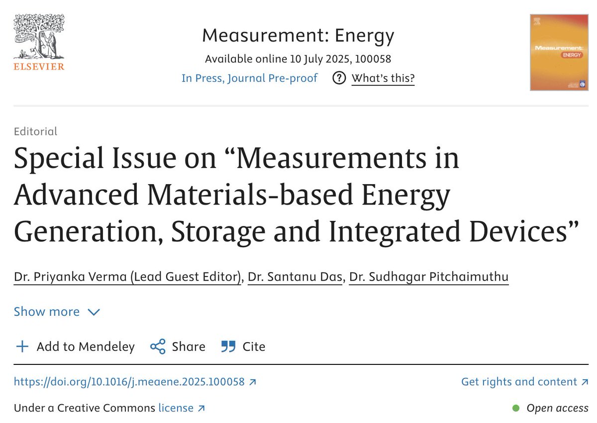 Pleased to announce the publication of my first editorial in the Measurement: Energy Journal👏 Heartfelt thanks to Prof. Yong Yan, Prof. Santanu Das, and Prof. Sudhagar Pitchaimuthu for their collaborative efforts in making this editorial a reality 🙏 
sciencedirect.com/science/articl…