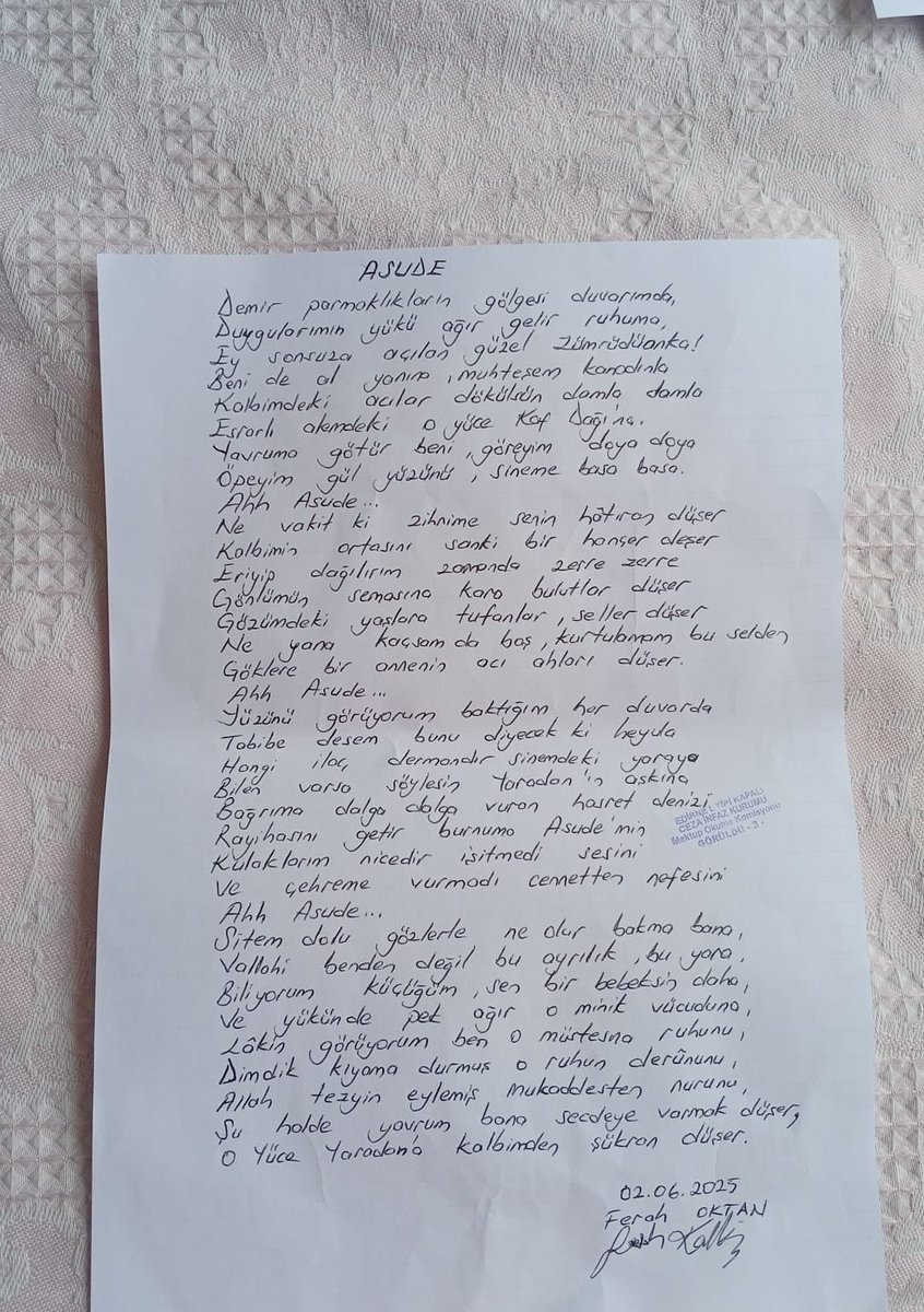 Tutsak Bebekler (@tutsakbebekler) on Twitter photo İki çocuk annesi Ferah Oktan, adil olmayan bir yargı kararıyla 2024’te cezaevine gönderildi. Yaşadığı acıyı ve yavrularına duyduğu özlemi kâğıda döktü.
Adalet suskun, bebekler yetim!
<a href="/dogansenturk/">Doğan Şentürk</a>
#KHKBarışKomisyonu İki çocuk annesi Ferah Oktan, adil olmayan bir yargı kararıyla 2024’te cezaevine gönderildi. Yaşadığı acıyı ve yavrularına duyduğu özlemi kâğıda döktü.
Adalet suskun, bebekler yetim!
<a href="/dogansenturk/">Doğan Şentürk</a>
#KHKBarışKomisyonu