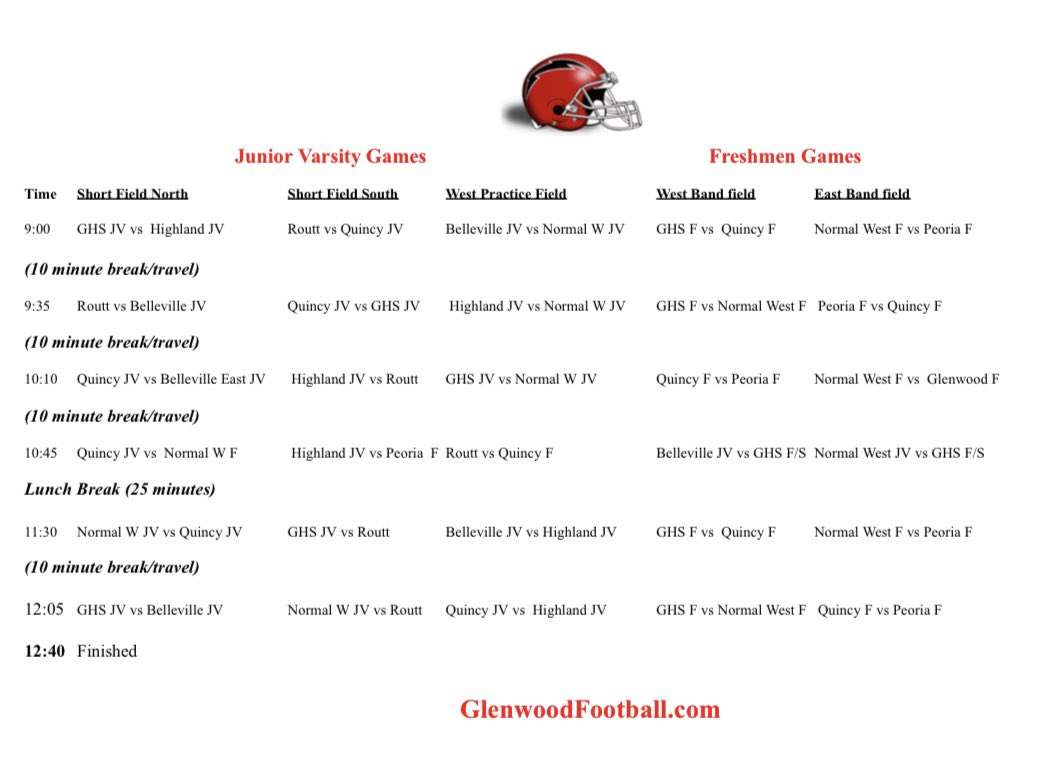 The Titan 7on7 is tomorrow!
We will host
<a href="/qhsfootball/">QHS Football</a> <a href="/BELancerFB/">LANCER FOOTBALL</a> <a href="/PeoriaFootball/">Peoria High</a> <a href="/mtz_football/">MTZ BRAVES FOOTBALL</a> <a href="/NCWHS_Football/">Normal West Football</a> <a href="/HHS_DogFootball/">HHS Bulldog Football</a> &amp; <a href="/CatholicRoutt/">Routt Catholic Football</a>. 
Varsity, JV and 
Freshman games! ⚡️🏈
(Note: Game times have slightly changed due to forecasted afternoon heat.)