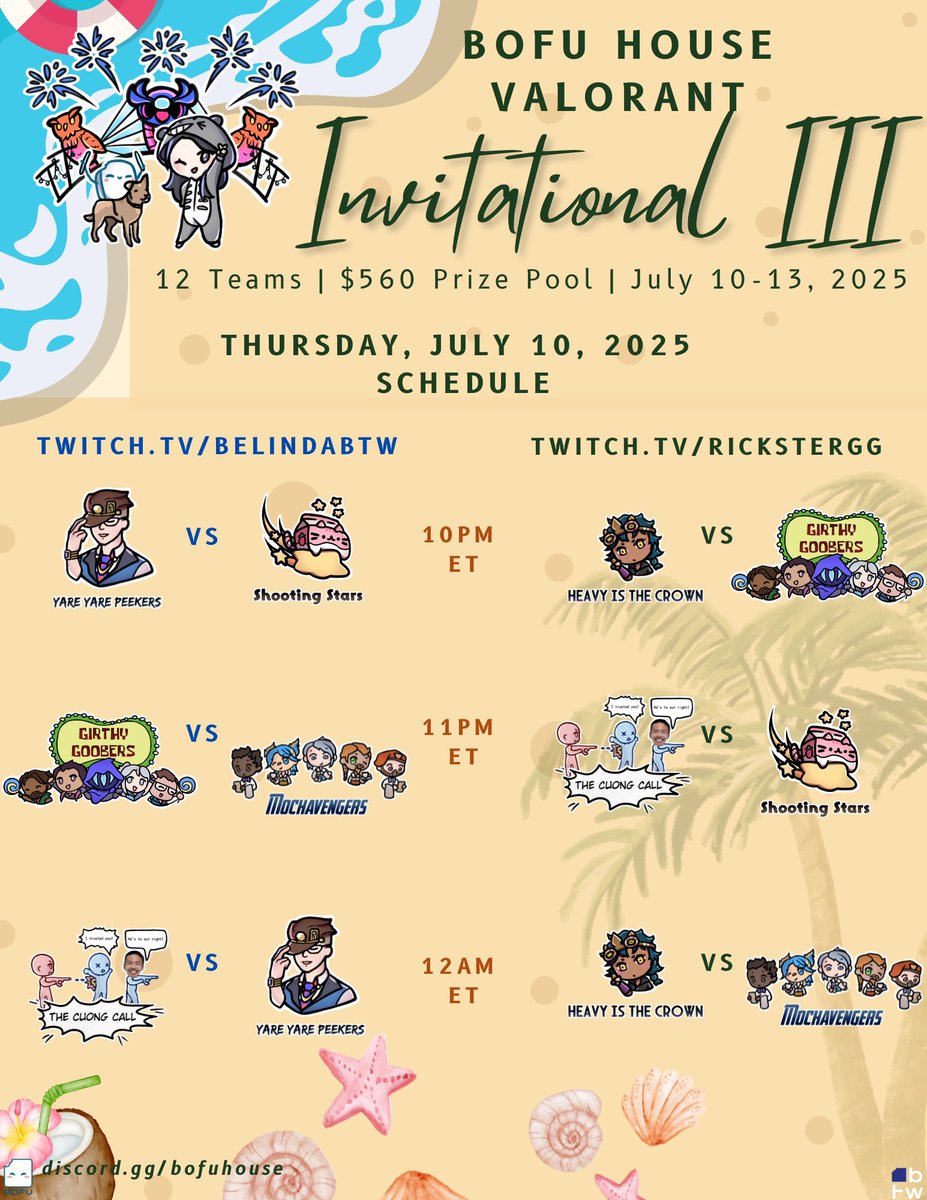 TOURNEY STARTS TONIGHT!! 

Here’s the schedule and I have <a href="/RicksterGG/">10pc</a> as my co-streamer 🥳

See you all tonight at 10 PM ET!
twitch.tv/belinddabtw &amp; twitch.tv/rickstergg