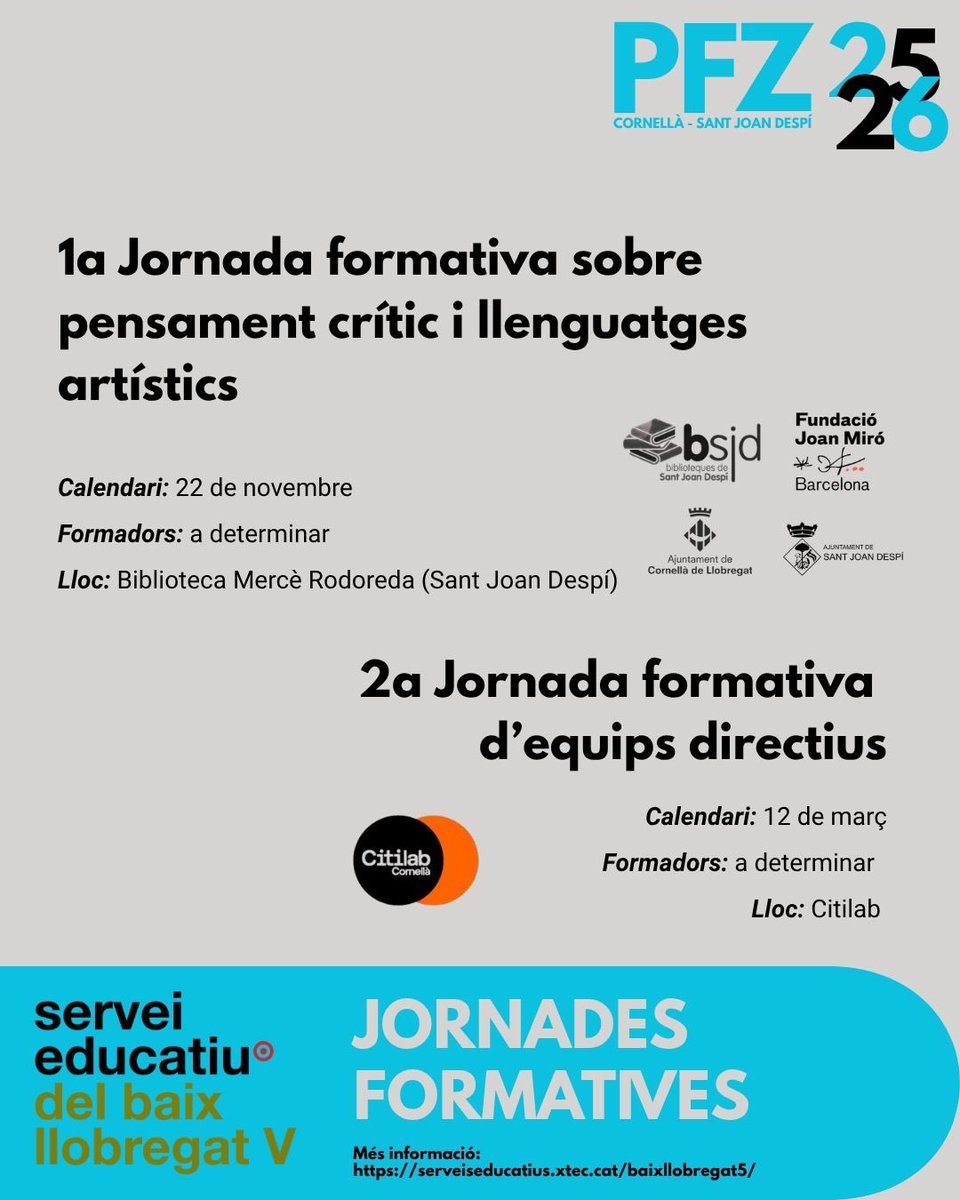 📣 Seguim presentant els eixos del #PFZ 2025-26!
👉 Avui: Jornades formatives

El curs vinent en tindrem 4:
🔹 Direccions a Saragossa
🔹 Caps d’estudis
🔹 Pensament crític i llenguatges artístics
🔹 Equips directius

🗓 Inscripcions del 5 al 21 de setembre a la web SE!