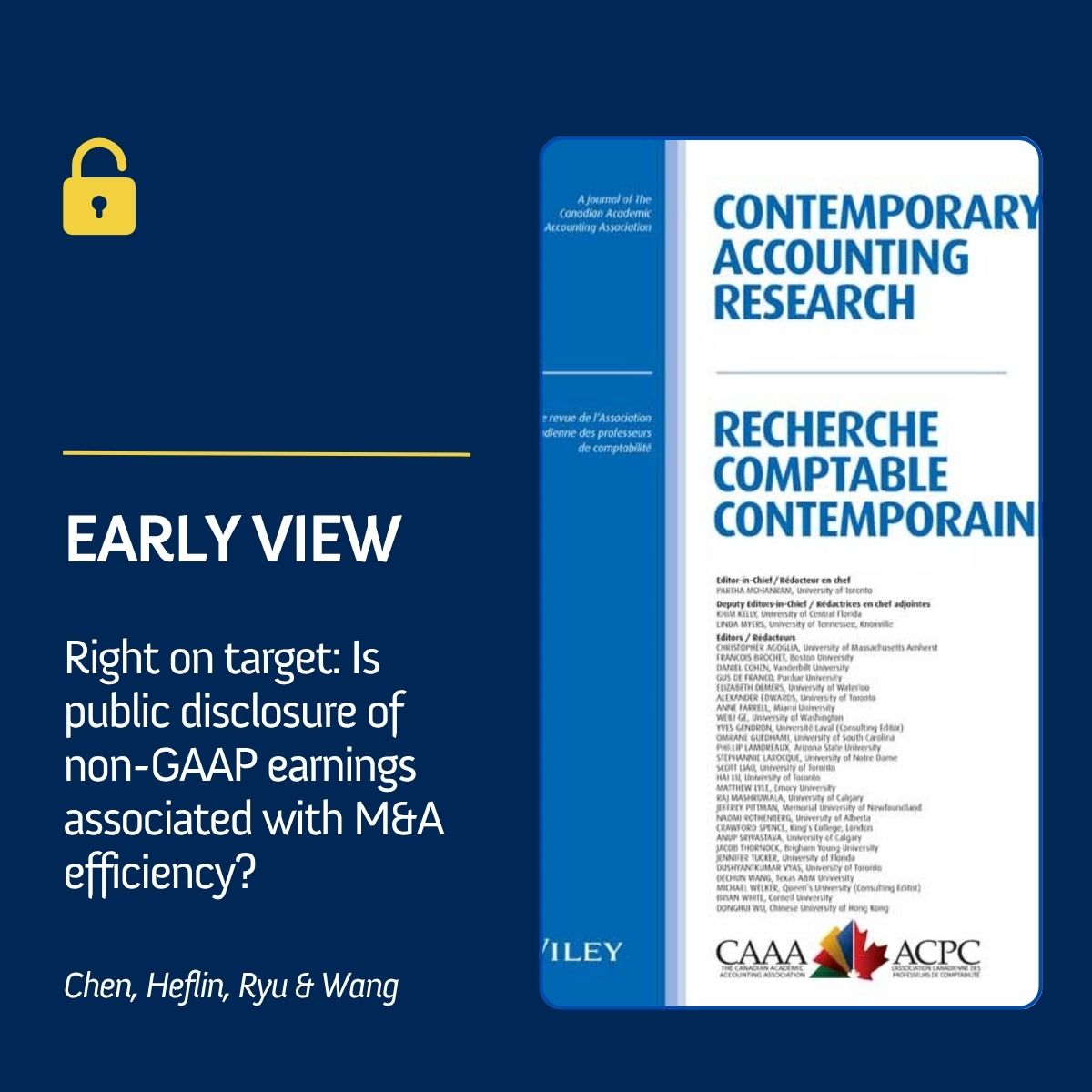 Contemporary Accounting Research (@car_rcc_journal) on Twitter photo 💰🎯 CAR has just published an early view article!
Dive into its insights and discover how these disclosures facilitate better decision-making in M&As.
👉onlinelibrary.wiley.com/doi/10.1111/19…
✍️Chen (<a href="/UofIllinois/">University of Illinois</a>), Heflin (<a href="/universityofga/">UGA</a>), Ryu (<a href="/OfficialUoM/">The University of Manchester</a>), Wang (<a href="/UVA/">UVA</a>)
#Finance #NonGAAP 💰🎯 CAR has just published an early view article!
Dive into its insights and discover how these disclosures facilitate better decision-making in M&As.
👉onlinelibrary.wiley.com/doi/10.1111/19…
✍️Chen (<a href="/UofIllinois/">University of Illinois</a>), Heflin (<a href="/universityofga/">UGA</a>), Ryu (<a href="/OfficialUoM/">The University of Manchester</a>), Wang (<a href="/UVA/">UVA</a>)
#Finance #NonGAAP