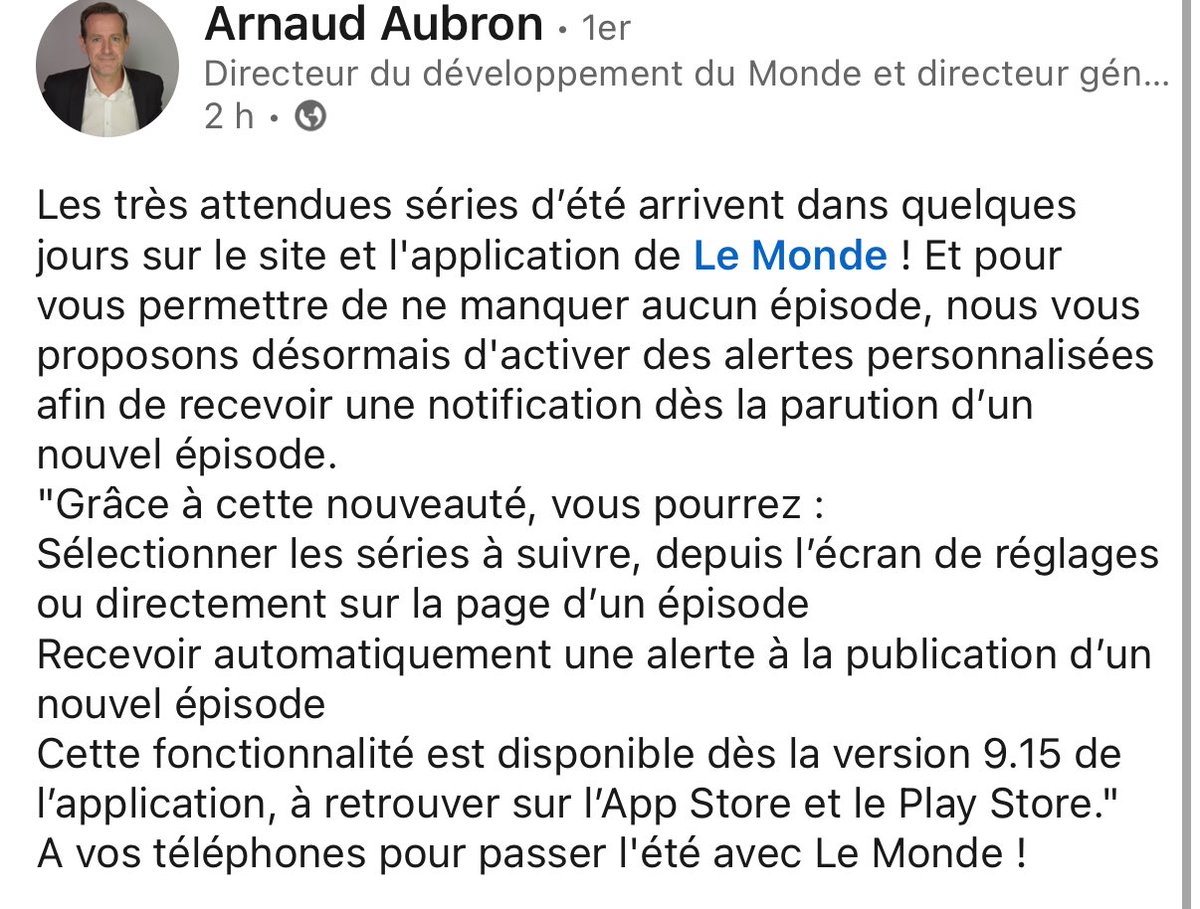 Maxime Loisel (@maxloisel) on Twitter photo Les séries d’été du Monde sont de retour, et on pourra désormais choisir d’être notifié dans l’app à chaque nouvelle publication ! (<a href="/ArnaudAubron/">Arnaud Aubron</a>) Les séries d’été du Monde sont de retour, et on pourra désormais choisir d’être notifié dans l’app à chaque nouvelle publication ! (<a href="/ArnaudAubron/">Arnaud Aubron</a>)
