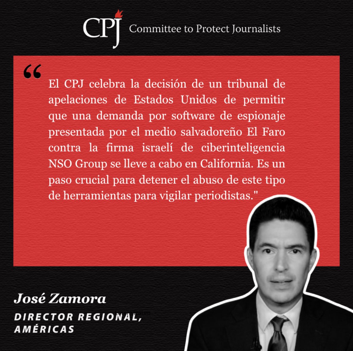 CPJ Américas (@cpjamericas) on Twitter photo El <a href="/pressfreedom/">Committee to Protect Journalists</a> celebra la decisión de un tribunal de apelaciones de Estados Unidos de permitir que una demanda por software de espionaje presentada por el medio salvadoreño El Faro contra la firma israelí de ciberinteligencia NSO Group se lleve a cabo en California. Es un paso El <a href="/pressfreedom/">Committee to Protect Journalists</a> celebra la decisión de un tribunal de apelaciones de Estados Unidos de permitir que una demanda por software de espionaje presentada por el medio salvadoreño El Faro contra la firma israelí de ciberinteligencia NSO Group se lleve a cabo en California. Es un paso