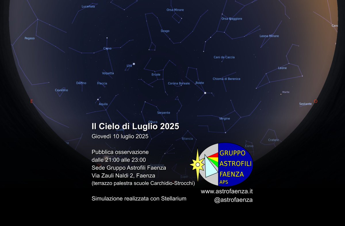 #Astronomia: Stasera, giovedì 10 luglio, dalle 21, ci troviamo in Via Zauli Naldi 2 a #Faenza, #Romagna per osservare Marte, la Luna piena, le costellazioni ed altri oggetti interessanti, con #telescopi e #binocoli

Ingresso libero e #gratis, non mancare!
mobilizon.it/events/e33b8a9…