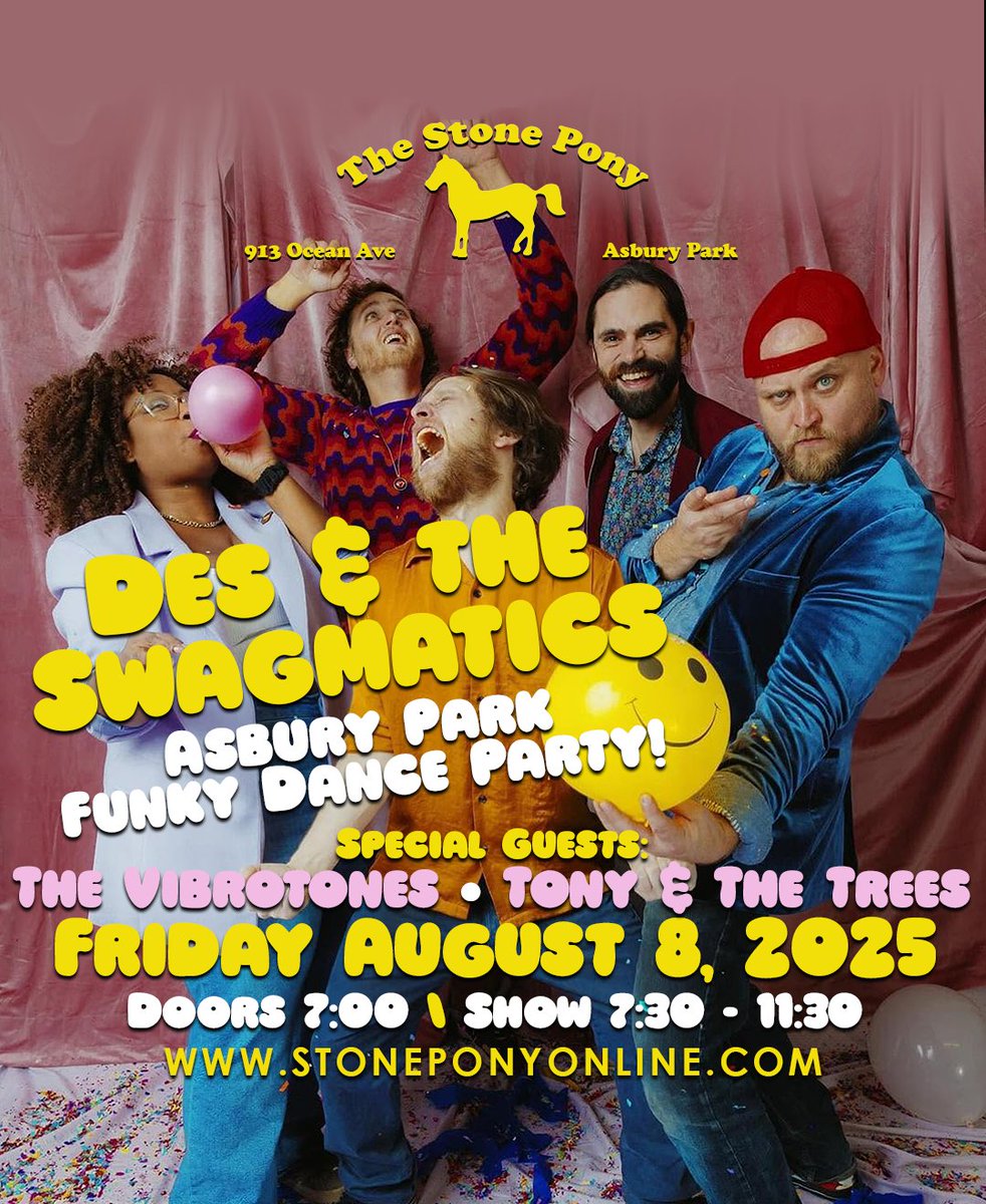 DES &amp; the SWAGMATICS @ STONE PONY - FRI AUG 8TH
Get ready for a good time Funky Dance Party at the Pony!
The Vibrotones and Tony &amp; the Trees open. Tickets here >
 ticketmaster.com/event/000062E3…