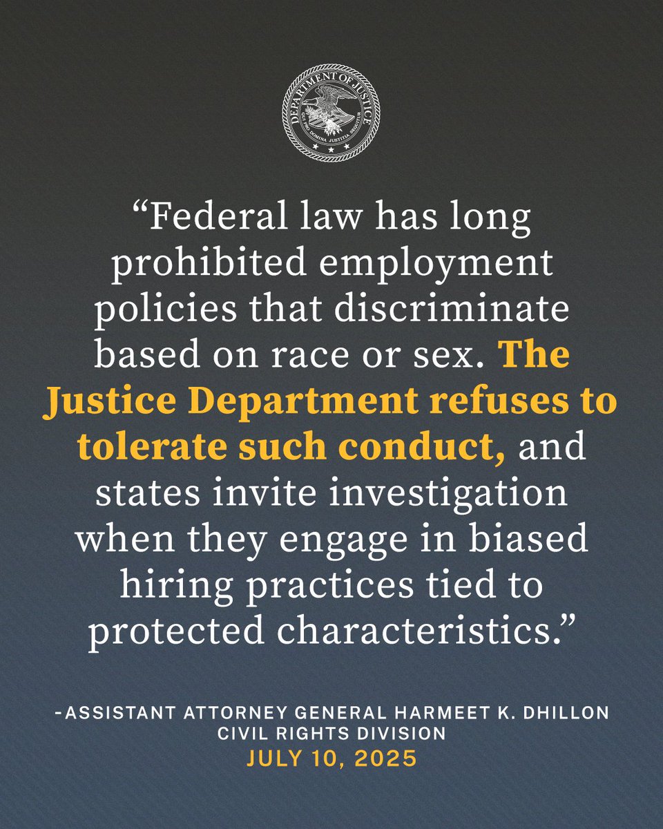 CivilRights's tweet image. Justice Department Opens Investigation into the State of Minnesota for Race- and Sex-Based Hiring Practices
🔗: justice.gov/opa/pr/justice…
