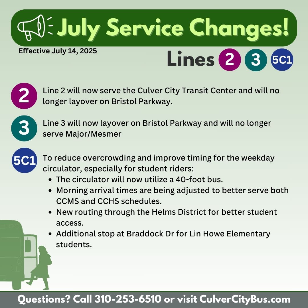 CulverCityBus's tweet image. Service Alert! 🚨 Route Changes Starting July 14 🚌
We are updating schedules and routes to better serve YOU!
📲 Plan ahead with NextCCBus or visit CulverCityBus.com for more information on updated routes
📞 Questions? Call us at (310) 253-6500 #CulverCityBus #TryTransit