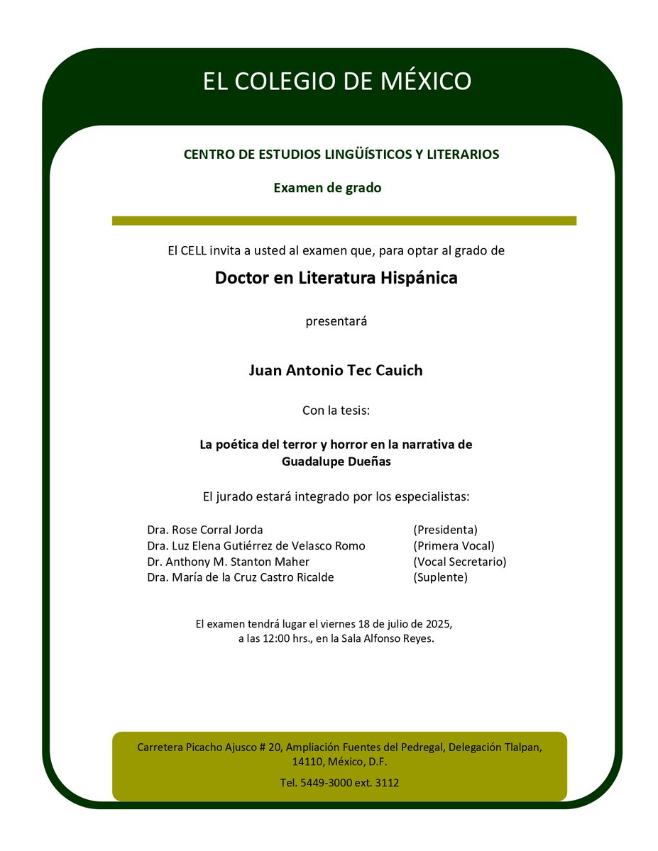 CELL Colmex (@cellcolmex) on Twitter photo El <a href="/CELLColmex/">CELL Colmex</a> tiene el gusto de invitar al examen que, para optar al grado de Doctor en Literatura Hispánica, presentará Juan Antonio Tec Cauich.
El examen tendrá lugar el viernes 18 de julio, a las 12:00 hrs., en la Sala Alfonso Reyes.
Entrada libre. El <a href="/CELLColmex/">CELL Colmex</a> tiene el gusto de invitar al examen que, para optar al grado de Doctor en Literatura Hispánica, presentará Juan Antonio Tec Cauich.
El examen tendrá lugar el viernes 18 de julio, a las 12:00 hrs., en la Sala Alfonso Reyes.
Entrada libre.
