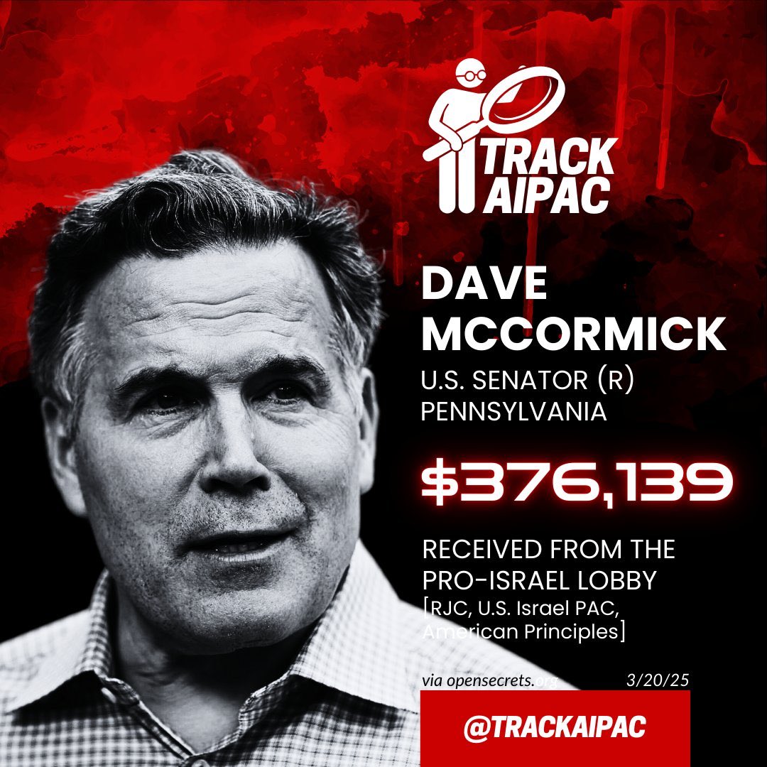 <a href="/SenMcCormickPA/">Senator Dave McCormick</a> <a href="/netanyahu/">Benjamin Netanyahu - בנימין נתניהו</a> Reminder: You’re supposed to represent Pennsylvanians, not Israelis, traitor. I hope the shekels from your AIPAC handlers are worth it to sell out your country. Disgusting.