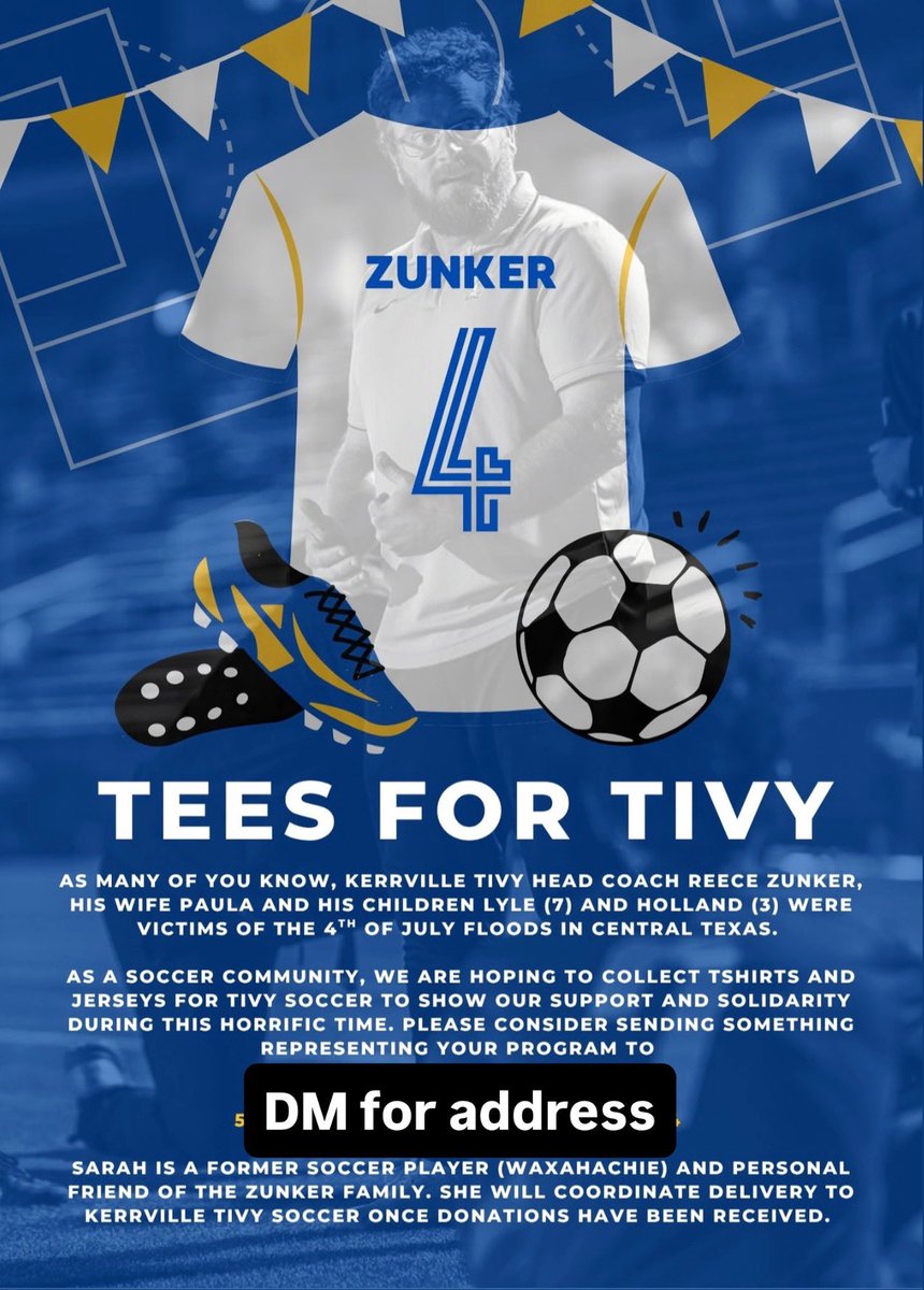 In times of heartbreak, our soccer family shows up. Let our SCHOOL SHIRTS or JERSEYS be a symbol of prayer, unity &amp; unwavering support for Coach Zunker, his family &amp; the Tivy community. #TeesForTivy 💙⚽️🕊️

To donate for your program, please DM @javierzaragoza3 for the address.