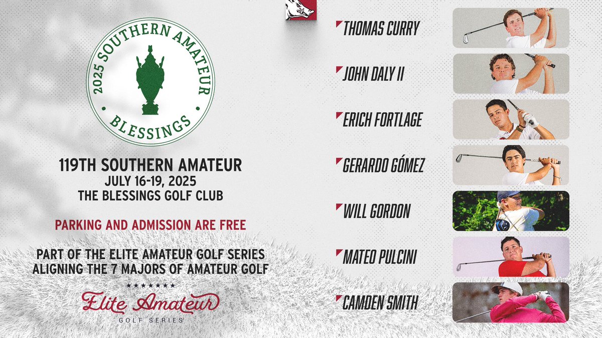 RazorbackMGolf's tweet image. Razorbacks are set for 119th Southern Amateur, set for July 16-19 at The Blessings Golf Club. Parking and admission are free. 🐗⛳️ #WPS @sgagolf