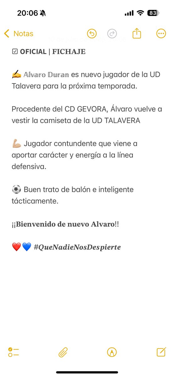 ☑ 𝗢𝗙𝗜𝗖𝗜𝗔𝗟 | 𝐅𝐈𝐂𝐇𝐀𝐉𝐄

✍ 𝔸𝕝𝕧𝕒𝕣𝕠 𝔻𝕦𝕣𝕒𝕟 es nuevo jugador de la UD Talavera. 

Procedente del <a href="/CdGevora/">Cʟᴜʙ Dᴇᴘᴏʀᴛɪᴠᴏ Gᴇ́ᴠᴏʀᴀ</a> , Álvaro vuelve a vestir la camiseta de la UD 

¡¡𝐁𝐢𝐞𝐧𝐯𝐞𝐧𝐢𝐝𝐨 𝐝𝐞 𝐧𝐮𝐞𝐯𝐨 𝐀𝐥𝐯𝐚𝐫𝐨!!

❤️💙 #𝑸𝒖𝒆𝑵𝒂𝒅𝒊𝒆𝑵𝒐𝒔𝑫𝒆𝒔𝒑𝒊𝒆𝒓𝒕𝒆