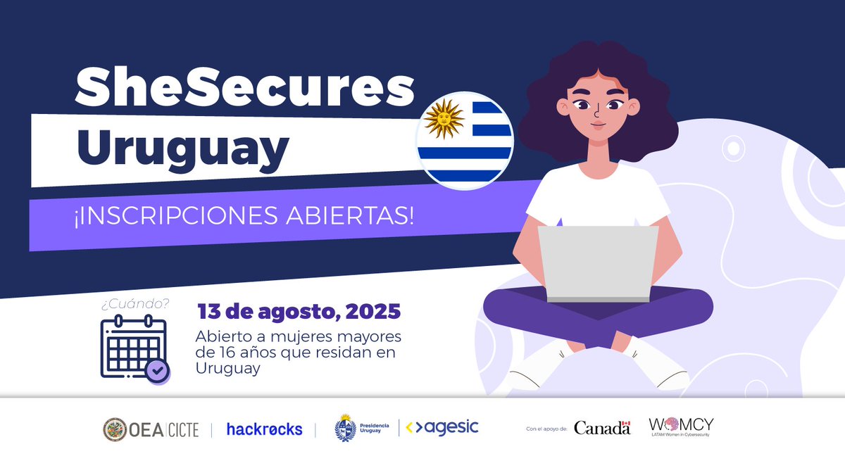 agesic's tweet image. 🙋🏽♀️ Sumate a la nueva edición de #SheSecuresUruguay, un desafío gratuito e interactivo para fomentar el aprendizaje y la participación de mujeres en el campo de la #ciberseguridad.
🔔 Las postulaciones están habilitadas hasta el 11/8. Conocé más 👉🏽 gub.uy/agencia-gobier…