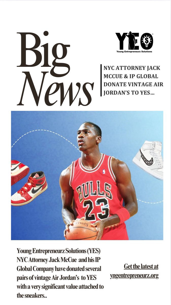 NYC Attorney Jack McCue and his IP Global Company have donated the first of a few pallets of vintage Air Jordan’s and apparel to YES. McCue has seen the growth of YES and wanted to get involved with YES’s success. #yngentrepreneurz