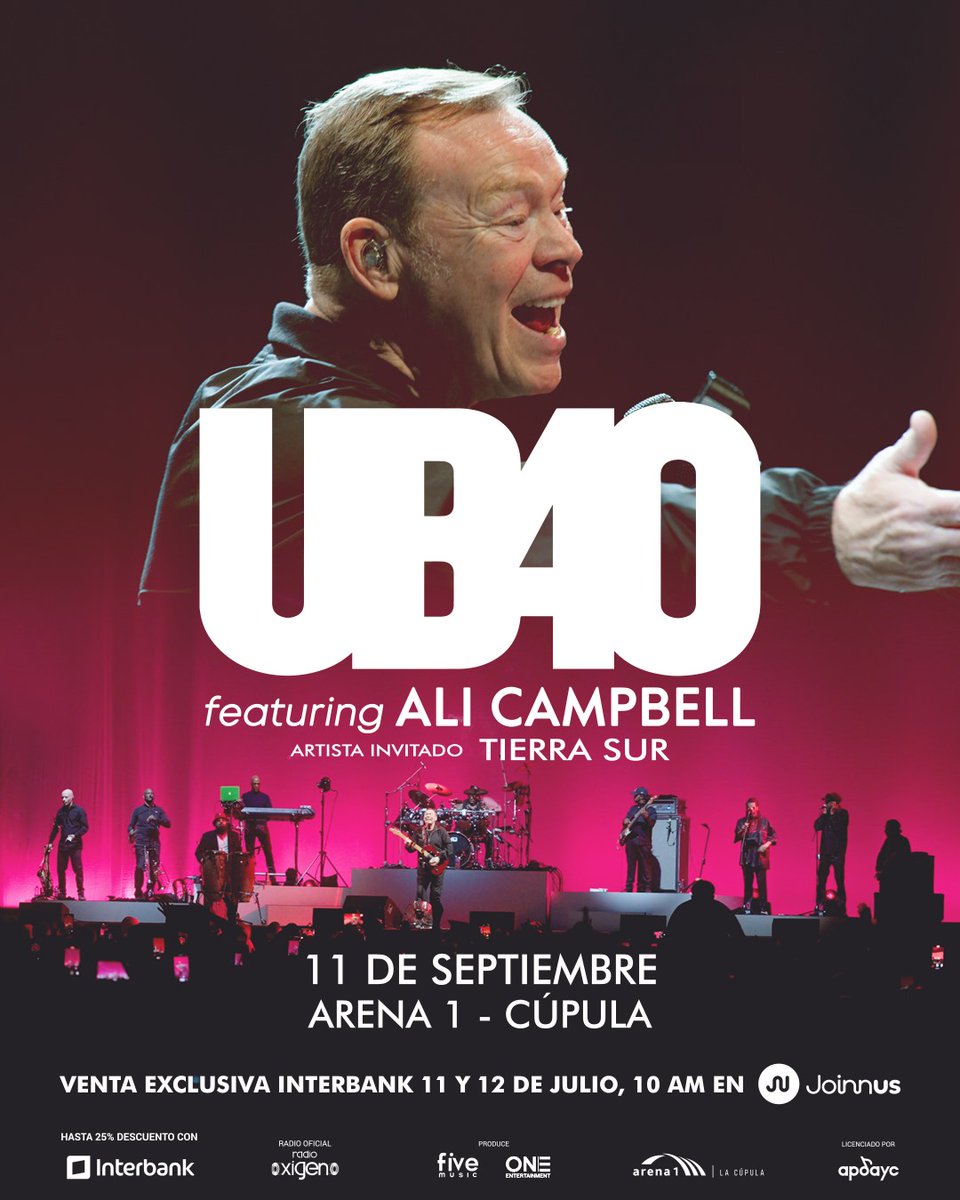 UB40 Ft. Ali Campbell 🤩

La leyenda del reggae llega a Lima este 11 de septiembre para hacernos vibrar con todos sus clásicos. 🎤  

🗓️ 11 de Septiembre
📍Lugar: La Cúpula - Arena 1 - Costa Verde

🎫 Preventa exclusiva Interbank del 11 al 12 de julio o hasta agotar stock