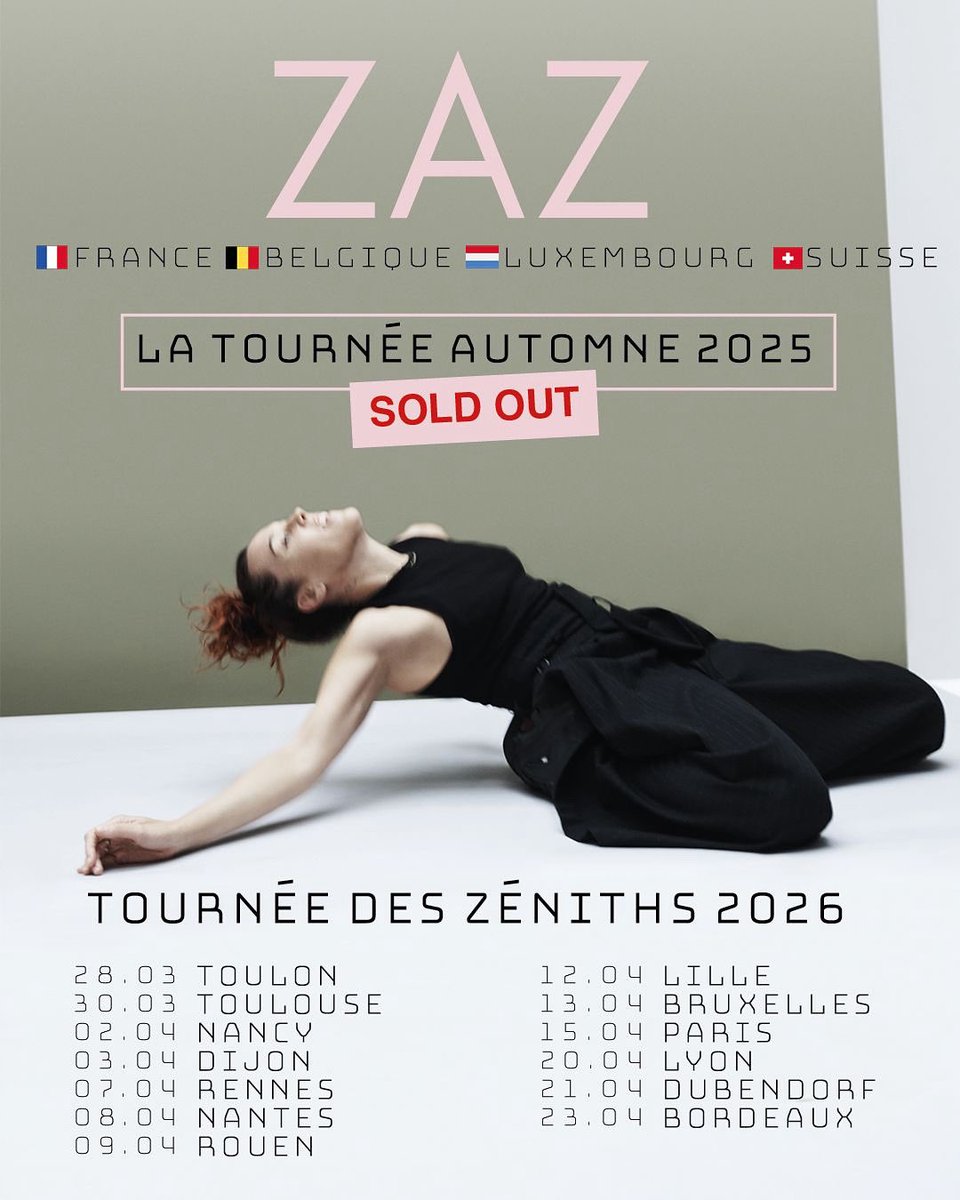La tournée automne 2025 est sold out 🎉
Les places sont parties si viiiiite 
J’ai déjà hâte d’y être ❤️

On se voit aux Zéniths en 2026 ?! Prenez vos billets haaaaaa 🥰
zouave.tix.to/ZazTour

#concert #ontour