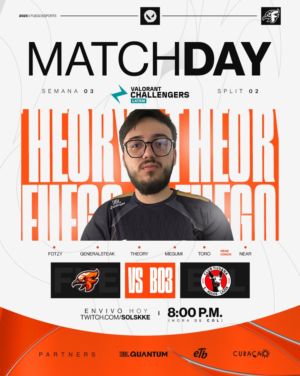 FUEGO (@fuegocw) on Twitter photo Hoy volvemos a encender el servidor con una nueva jornada en la <a href="/VCL_LATAM/">VALORANT Challengers LATAM</a>.
Ya es el momento de quitarle el invicto, en este stage, al líder en la tabla para el final four en Monterrey.
🆚 <a href="/exoloslazer/">E-Xolos LAZER</a>
⏰ 8 PM 🇨🇴 7 PM🇲🇽
📺 twitch.tv/solskke
#WeWillRise🔥 Hoy volvemos a encender el servidor con una nueva jornada en la <a href="/VCL_LATAM/">VALORANT Challengers LATAM</a>.
Ya es el momento de quitarle el invicto, en este stage, al líder en la tabla para el final four en Monterrey.
🆚 <a href="/exoloslazer/">E-Xolos LAZER</a>
⏰ 8 PM 🇨🇴 7 PM🇲🇽
📺 twitch.tv/solskke
#WeWillRise🔥