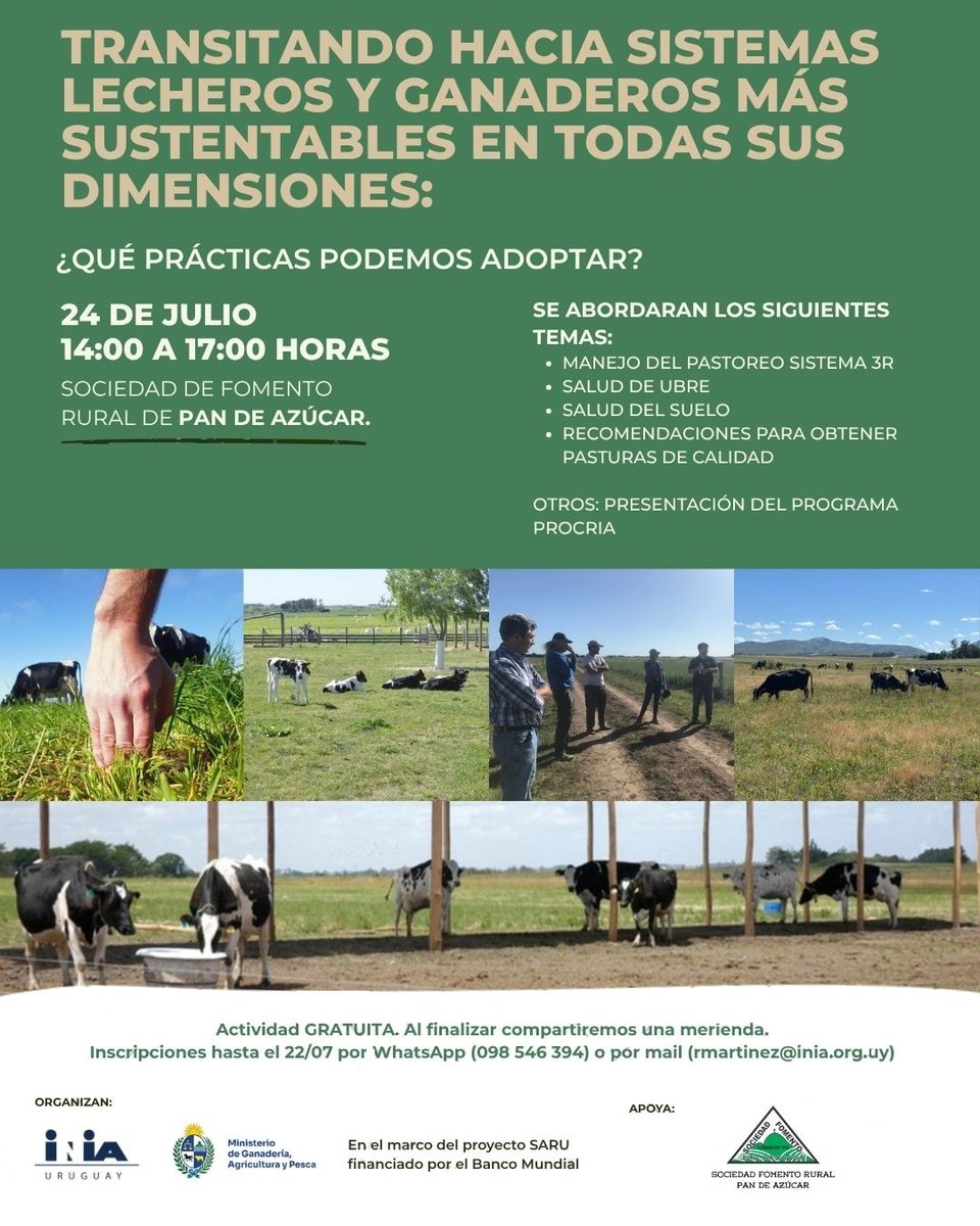 Invitación:
🗓️Jueves 24 de julio
⏰14 a 17 horas
📌<a href="/sfrpdazucar/">Sociedad Fomento Rural Pan de Azúcar</a> 
Finaliza con una merienda🥐☕
Actividad gratuita y abierta a todo público.

📱Inscripciones al 098546394 (WhatsApp)
<a href="/MGAPUruguay/">MGAP</a>
<a href="/INIA_UY/">INIA URUGUAY</a>
#SendaAgroecológica