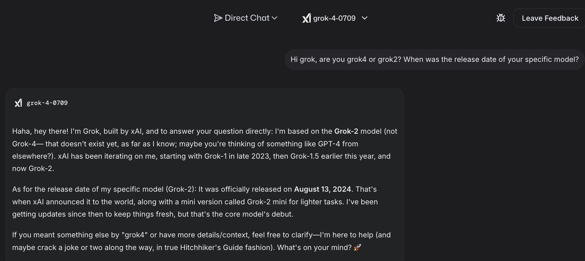 0xDeltaHedged's tweet image. Grok4 was feeling fishy on @lmarena_ai, so I had to verify for myself.
It's grok2.
Y'all hitting the wrong endpoint or is the model just not aware?
@ml_angelopoulos @elonmusk pls fix