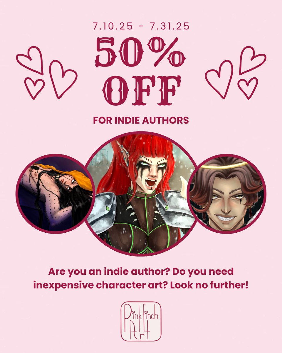 I see a lot of indie authors discussing how they struggle to afford art commissions, so I thought I would have a lil sale for yall! 🩷🩷