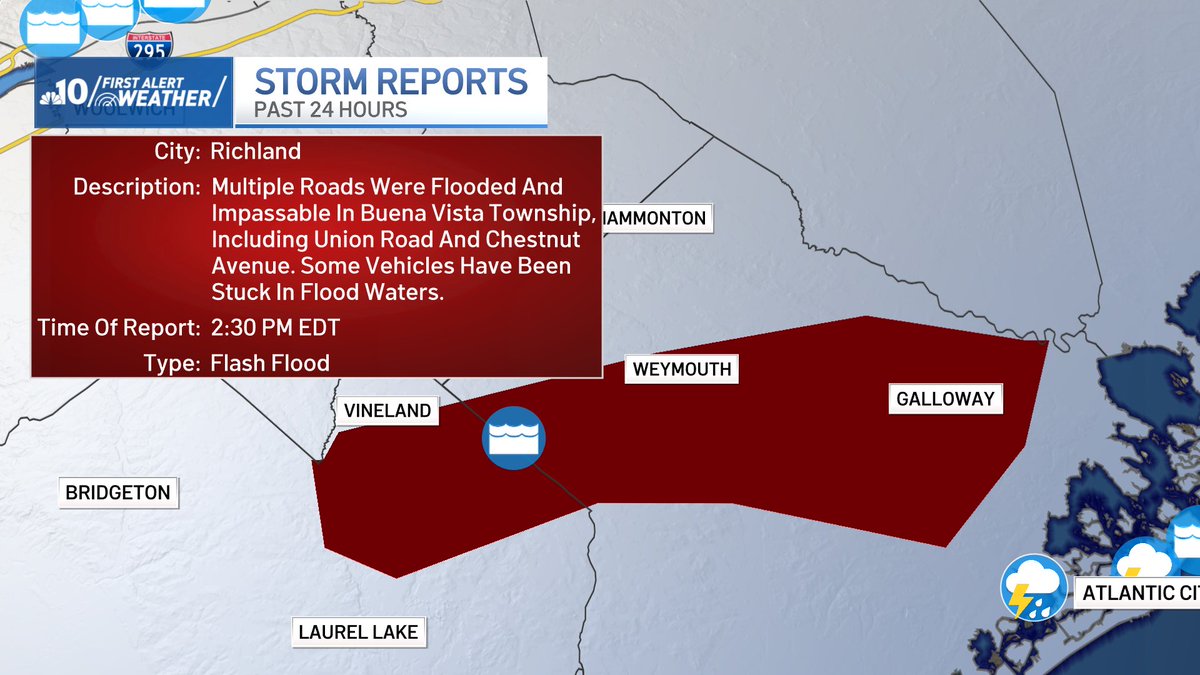 rjohnsontv's tweet image. We're now tracking two flash flood warnings in South Jersey. We already have a storm report of vehicles stuck in flood waters. When you see any flooded roads, turn around - don't drown. @NBCPhiladelphia