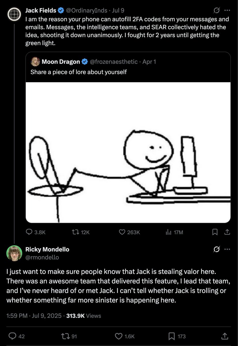 rjvir's tweet image. There's a "stolen valor" epidemic in tech. For every great creation, there's like 10 people claiming credit for it. It's even worse with algorithmic feeds.
- Huge algorithmic incentive to claim credit, even if false
- Many actual builders don't care to claim credit, and don't…