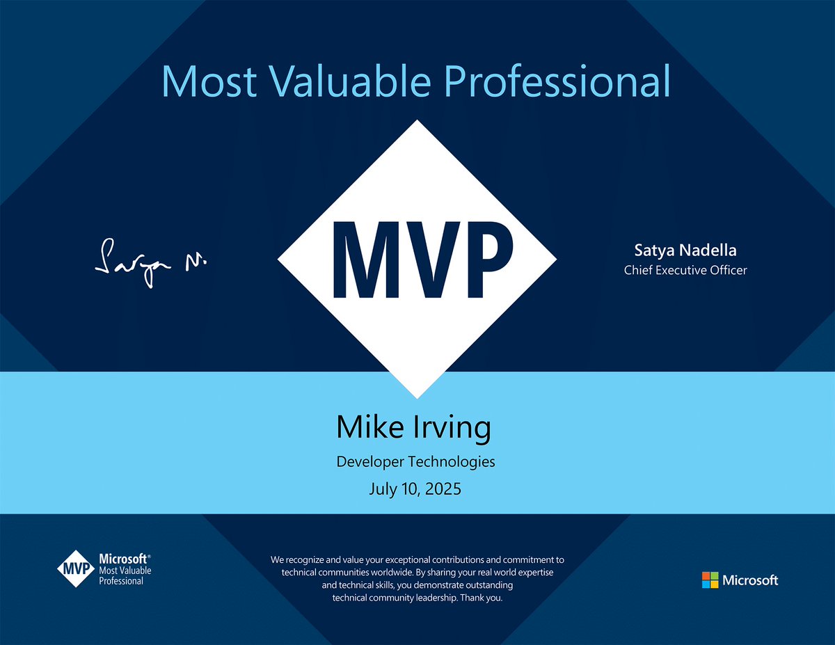 Mike Irving (@mikeirvingweb) on Twitter photo I'm really pleased and proud to have been renewed as Microsoft MVP in Developer Technologies (.NET and Web Development) today 😊
#MVPBuzz <a href="/MVPAward/">Microsoft MVP Communities</a> I'm really pleased and proud to have been renewed as Microsoft MVP in Developer Technologies (.NET and Web Development) today 😊
#MVPBuzz <a href="/MVPAward/">Microsoft MVP Communities</a>