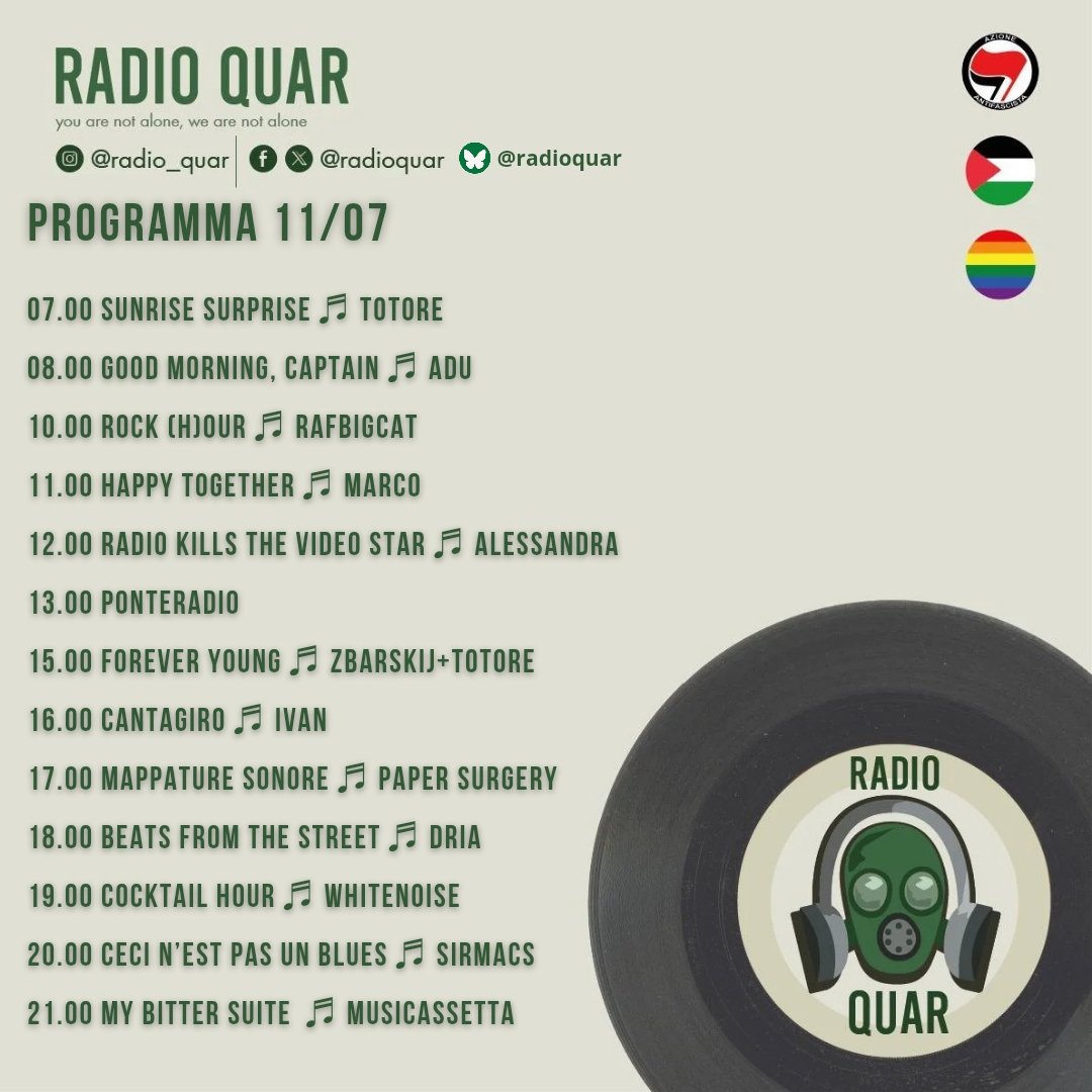 Radio Quar (@radioquar) on Twitter photo Programma Venerdì 11 Luglio
Domani vi faremo compagnia con le nostre selezioni musicali per tutti i gusti per tutta la giornata.
Dalle sette del mattino con una selezione "energizzante" di <a href="/SalvatoreC1970/">LA LOTA DEL SUD</a> per Sunrise Surprise.
E che fai non appicci RadioQuar.
Buon ascolto a tuttɜ Programma Venerdì 11 Luglio
Domani vi faremo compagnia con le nostre selezioni musicali per tutti i gusti per tutta la giornata.
Dalle sette del mattino con una selezione "energizzante" di <a href="/SalvatoreC1970/">LA LOTA DEL SUD</a> per Sunrise Surprise.
E che fai non appicci RadioQuar.
Buon ascolto a tuttɜ