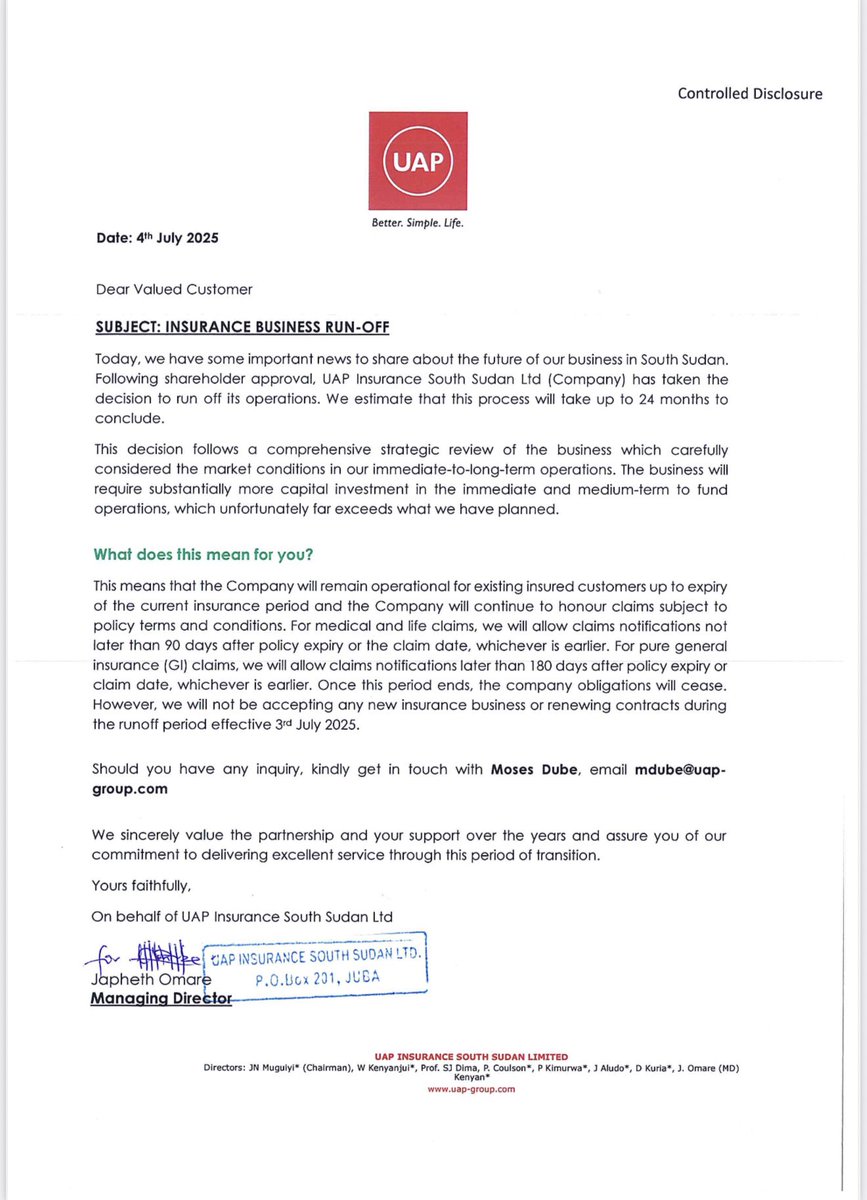 WaniMichael57's tweet image. #UAP closes down its operation in South Sudan, UAP is one of the best leading insurance company in the Country. The economy is frustrating INVESTMENT, we badly need PEACE & STABILITY.
#SSOT
#SSOX