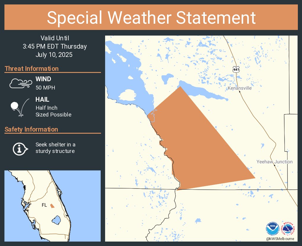 A special weather statement has been issued for Osceola County, FL until 3:45 PM EDT