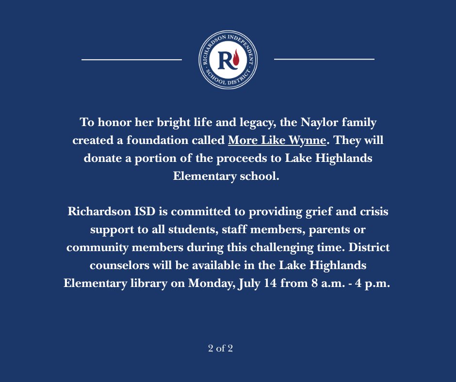 RichardsonISD's tweet image. We join communities across Texas in grieving the loss of life and those whose lives are forever changed by the disaster in Central Texas and Camp Mystic including members of our RISD family who have suffered from unimaginable loss. See full statement: